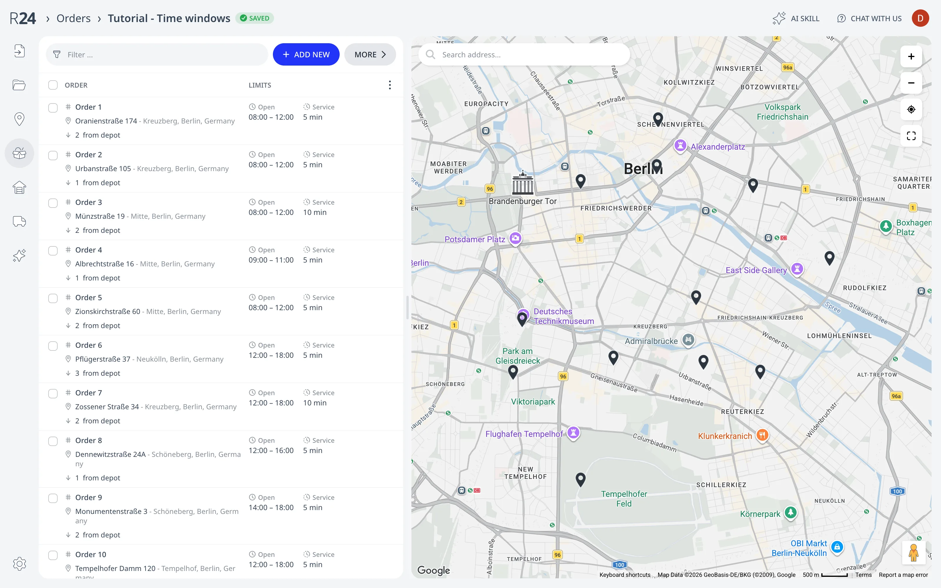 The Orders page: each order row shows its address, time window, and service time, with every stop pinned on the map