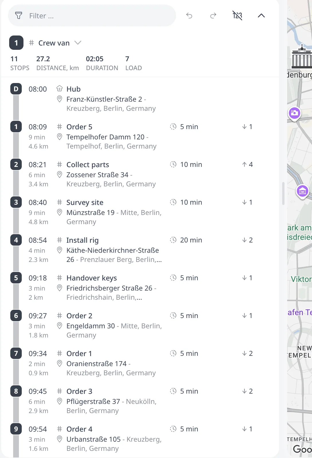 Die optimierte Route des Crew van, 11 Stopps, 27,2 km, 02:05, Ladung 7, bedient Order 5, dann den Durchlauf in Rangfolge, Collect parts, 10 min, Abholung 4, dann Survey site, 10 min, Lieferung 1, dann Install rig, 20 min, Lieferung 2, dann Handover keys, 5 min, Lieferung 1, dann Order 2, Order 1, Order 3 und Order 4
