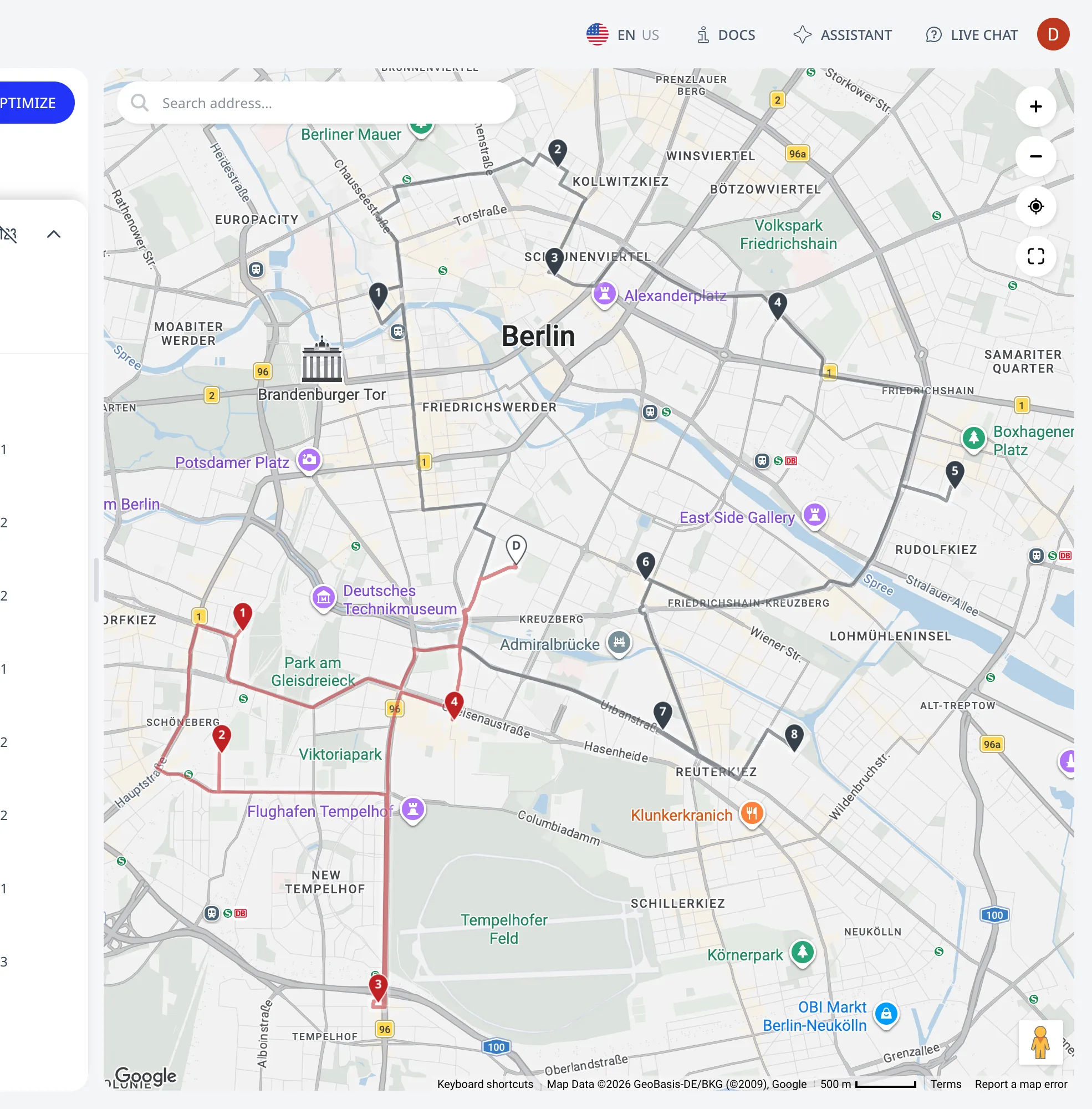 La carte optimisée : deux tournées colorées avec des épingles d'arrêt numérotées et l'épingle D du dépôt