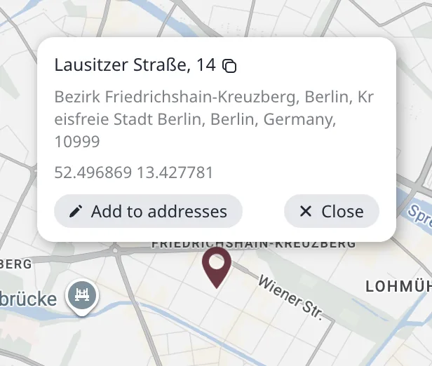 The what's-here card after a right-click, with the Add to addresses button