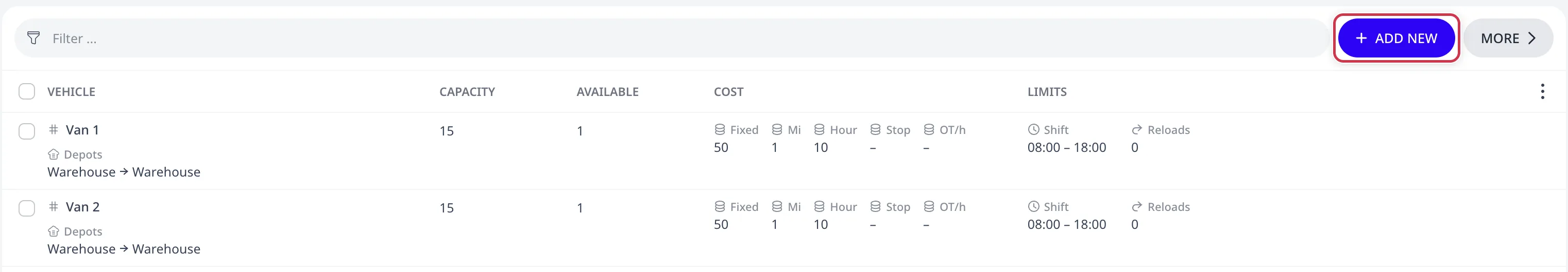 The Fleet page listing two vans with capacity, available count, costs, and shift limits