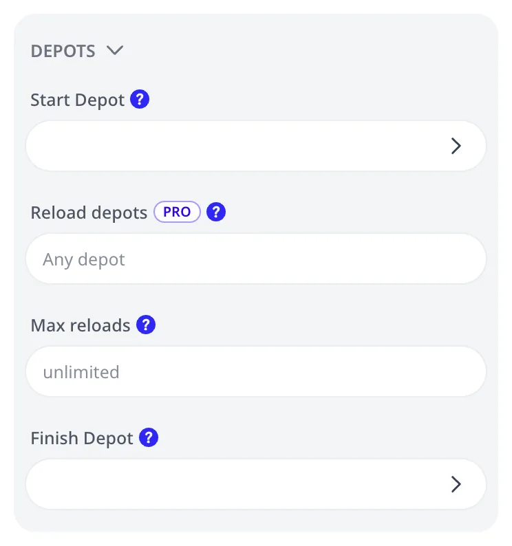 The vehicle editor's DEPOTS group: start depot, reload depots, max reloads, and finish depot