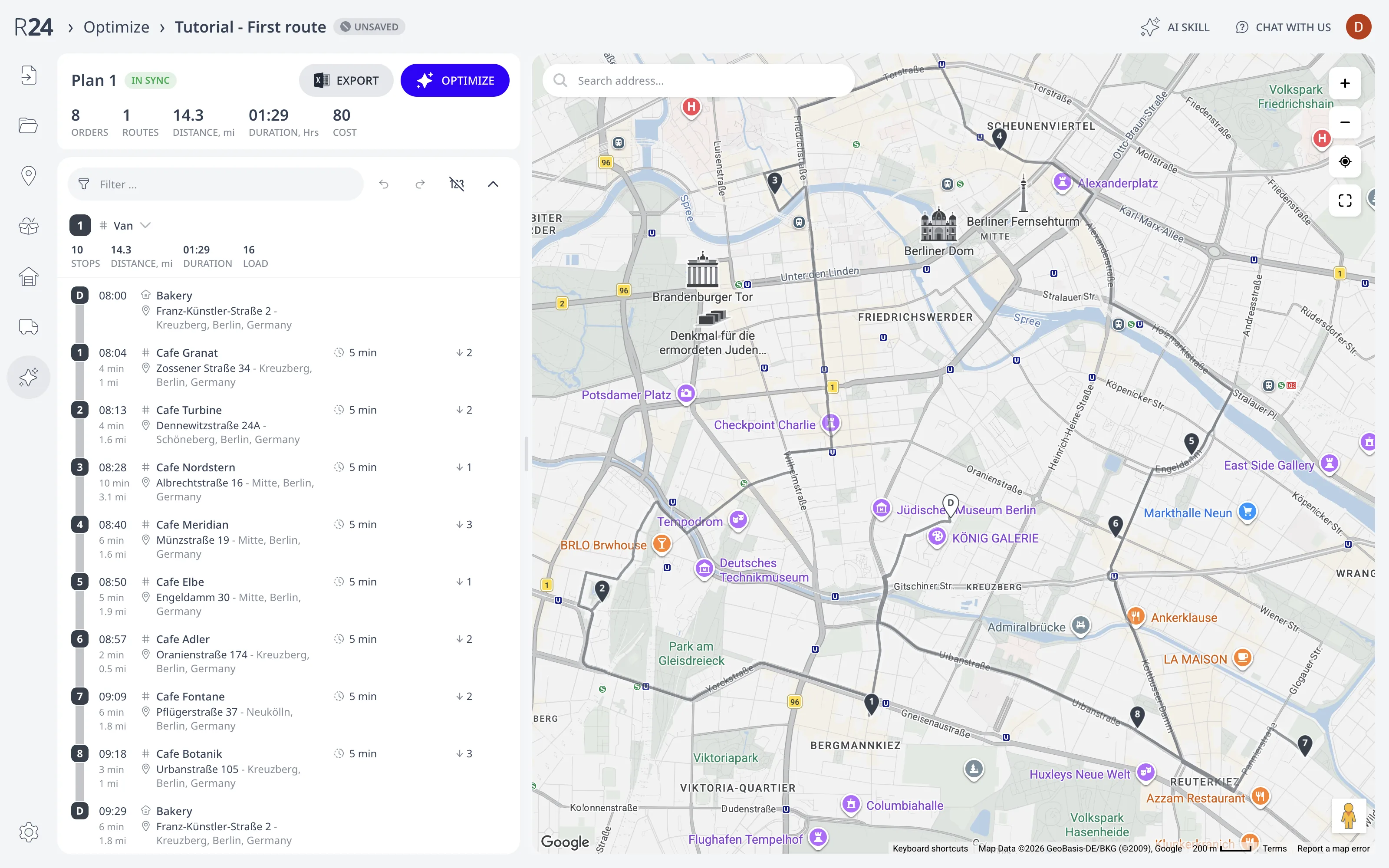 The Optimize page after solving: one route through all eight cafés with ETAs per stop, 14.3 miles, about an hour and a half