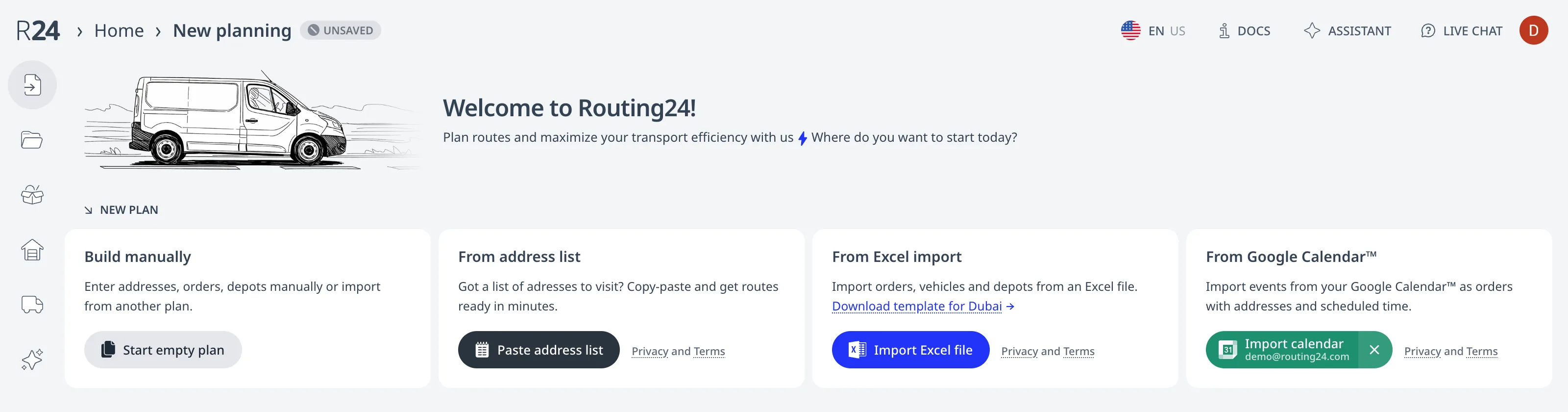La page d'accueil de Routing24 avec les quatre options de nouveau plan : création manuelle, collage d'une liste d'adresses, import d'un fichier Excel et import depuis Google Calendar™
