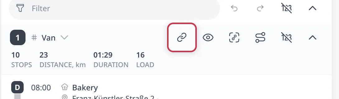 Eine Routenkopfzeile mit eingeblendeter Hover-Symbolleiste. Die Aktion Route teilen ist das erste Symbol