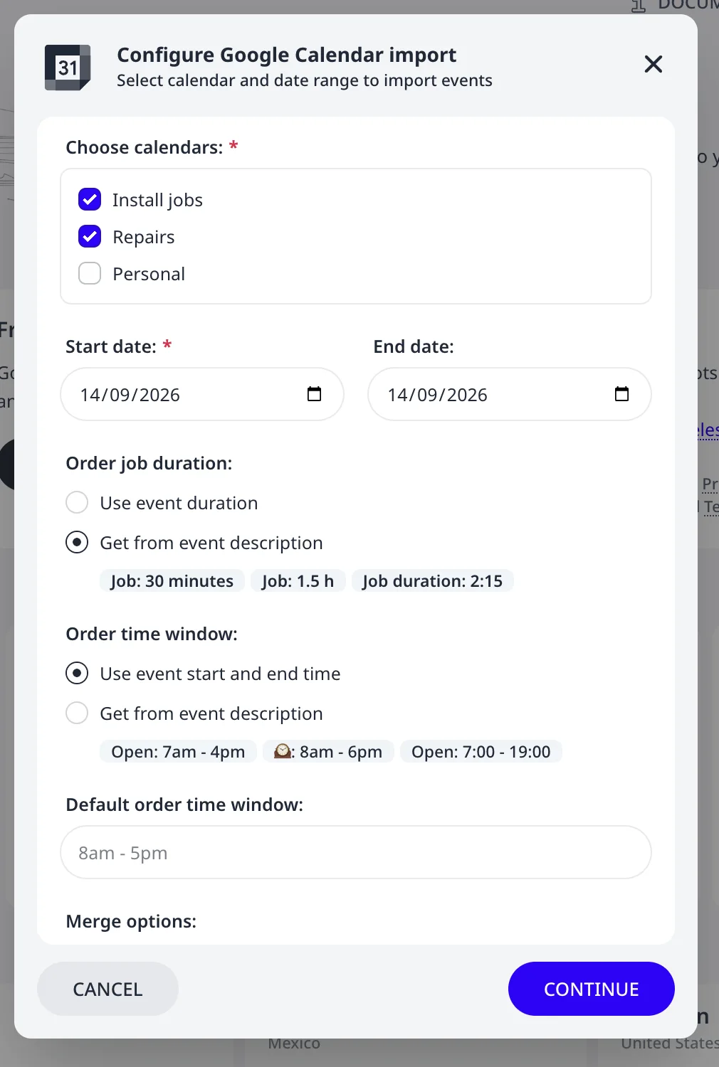 The Configure Google Calendar import dialog: calendar checkboxes, a date range, and the job duration and time window options