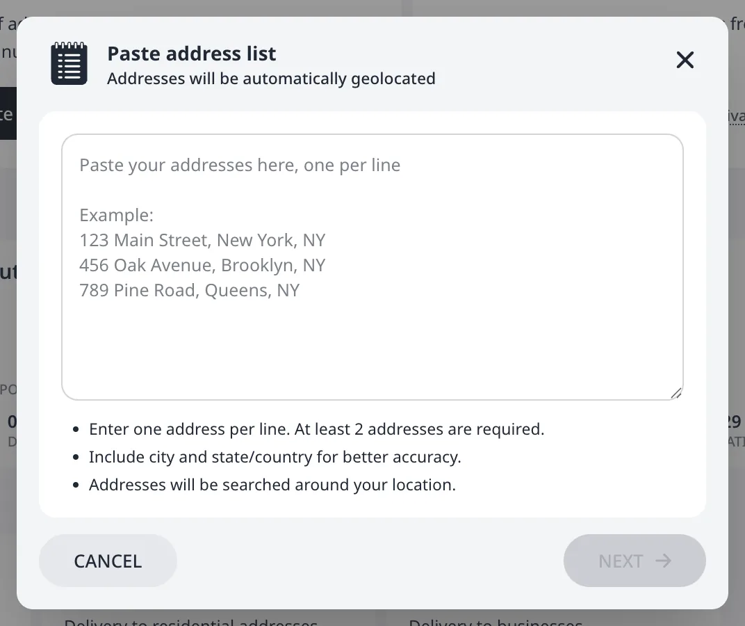 The paste-address dialog: one address per line, at least two addresses, with tips for accuracy