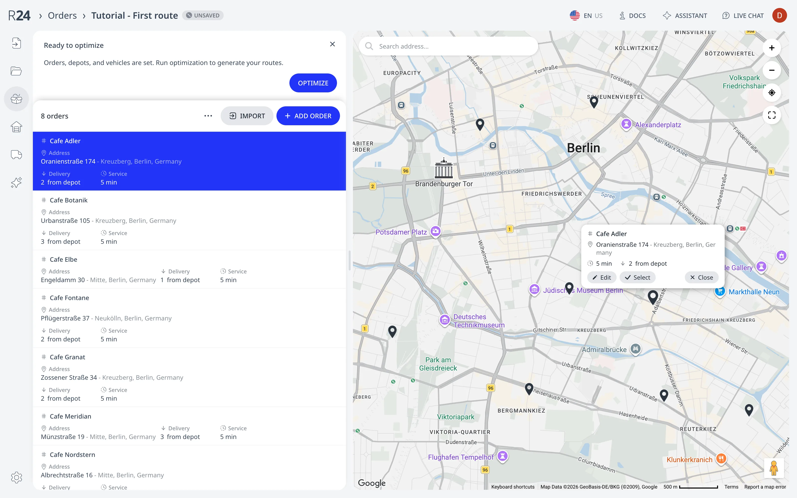 La page Commandes avec une commande sélectionnée : sa ligne surlignée dans la liste et sa carte d'épingle ouverte sur la carte avec les boutons Modifier, Sélectionner et Fermer