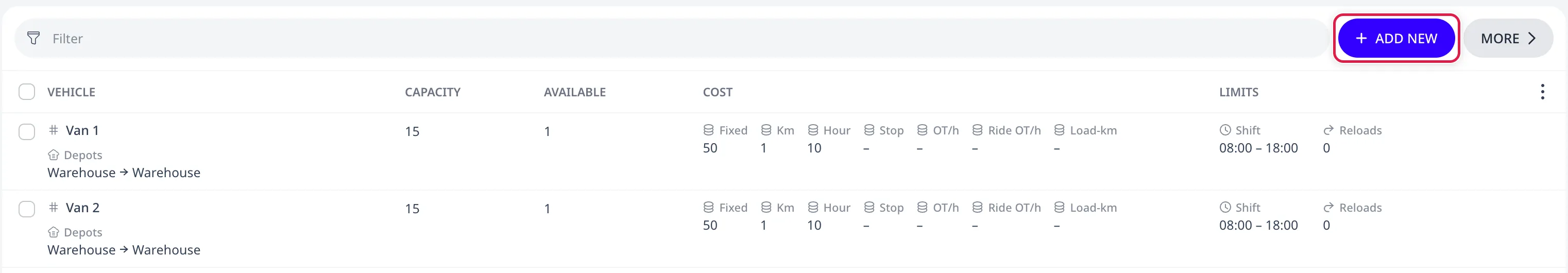 The Fleet page listing two vans with capacity, available count, costs, and shift limits
