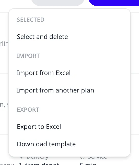 Le menu Plus sur la page Commandes : Importer depuis Excel, Importer depuis un autre plan, Exporter vers Excel et Télécharger le modèle