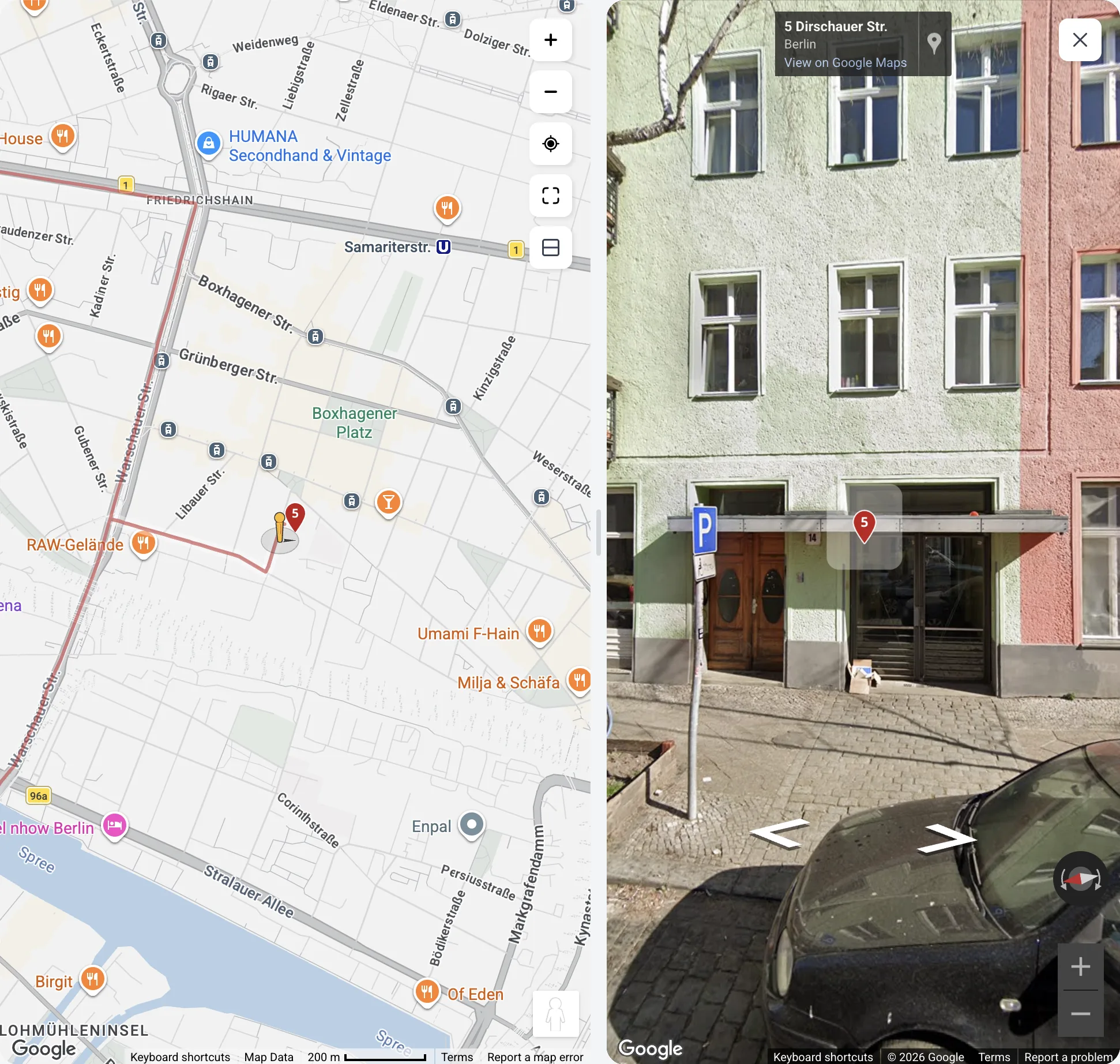 The split view: the map with a stop's pin on the left, the Street View panorama with the same pin drawn at the doorway on the right
