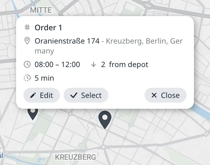 Die Pin-Infokarte von Auftrag 1 auf der Seite Aufträge: die Auftrags-ID, die Adresse, das Zeitfenster, die Ladung, die Servicedauer und die Schaltflächen Bearbeiten, Auswählen und Schließen