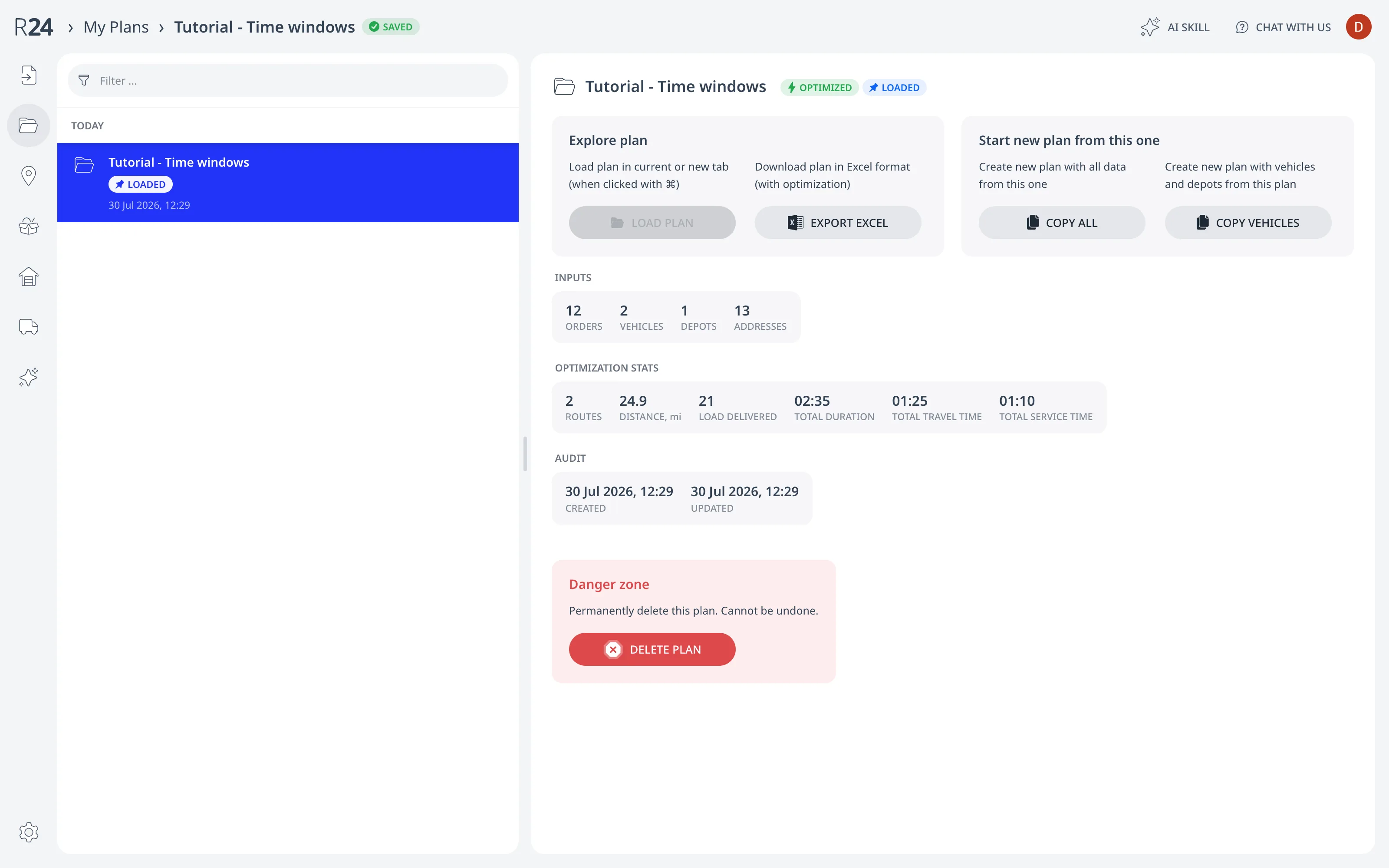 The My Plans page: the filterable plan list grouped by date on the left with the loaded plan highlighted, and the details panel on the right with the Explore plan and Start new plan action cards, the input counts, the optimization stats, and the Danger zone