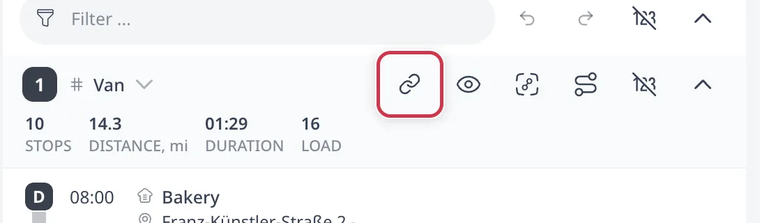 A route header with its hover toolbar showing; the Share route action is the first icon