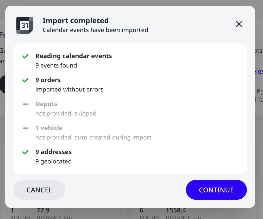 The Import completed report: nine events found, nine orders imported, nine addresses geolocated, and a vehicle auto-created