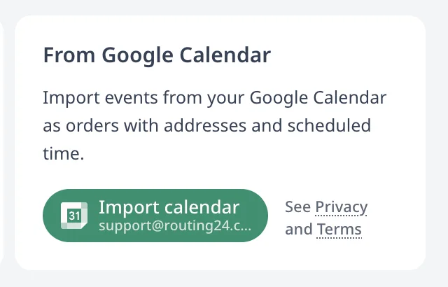 The From Google Calendar card on the Home page, with the Import calendar button