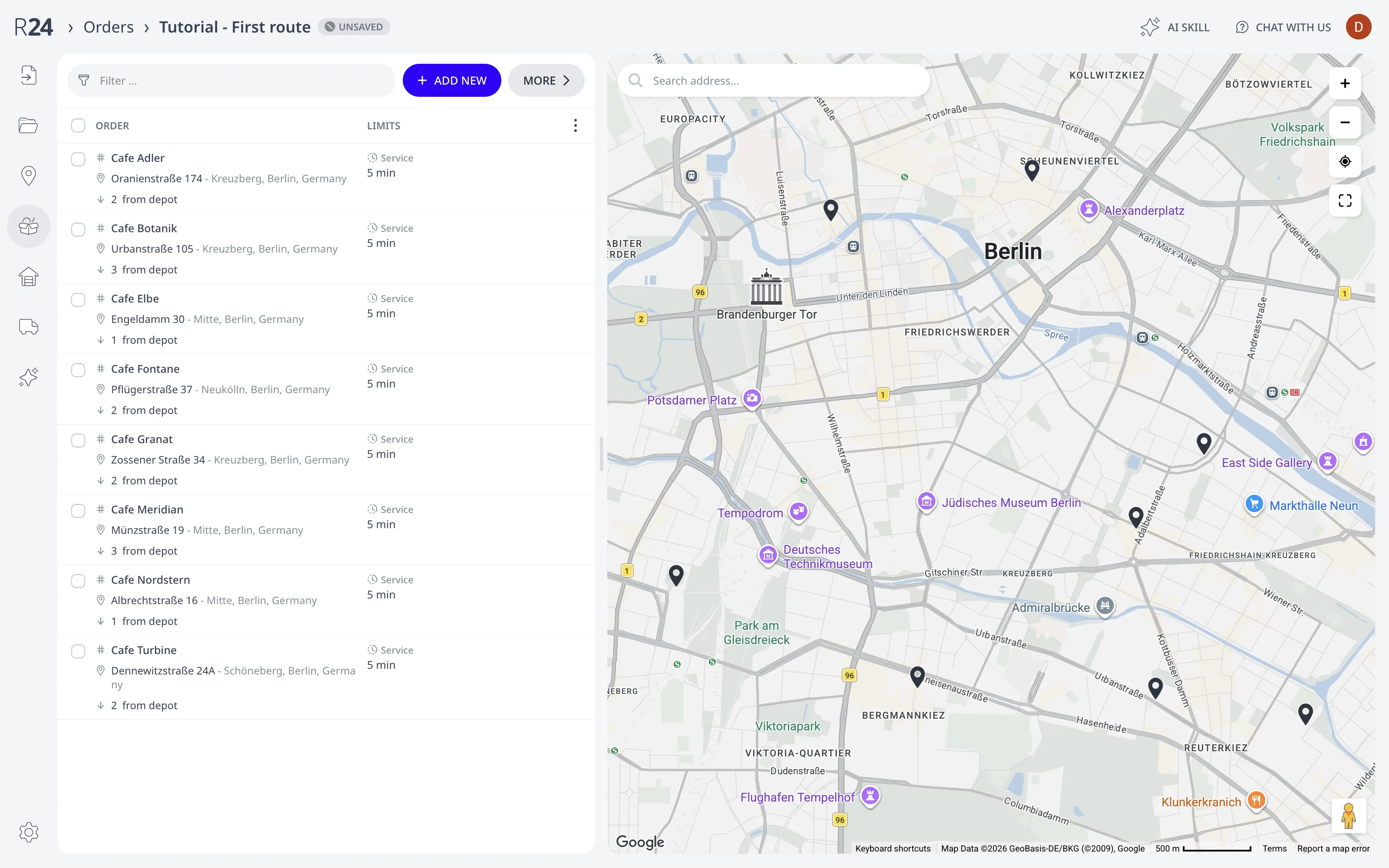 The Orders page listing the eight cafés with service times, next to a map of Berlin with a pin per stop