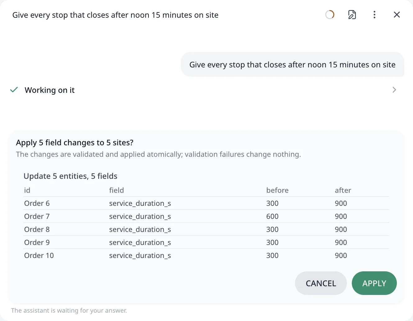 The review of a bulk change: five stops listed by id with the field, its value before, its value after, and the Cancel and Apply buttons