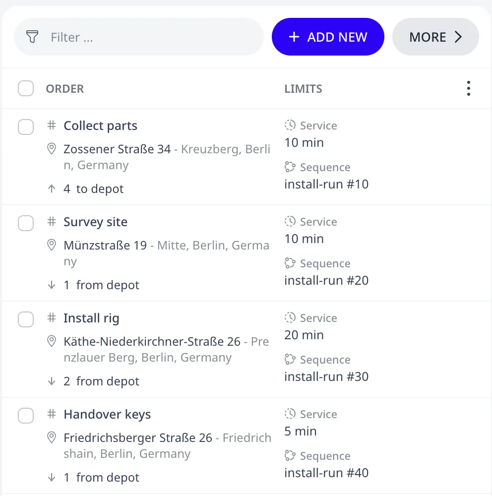 Die Auftragsliste mit den vier Mitgliedern des Durchlaufs, jede Zeile mit ihrem Chip der Reihenfolgegruppe: Collect parts, Service 10 min, install-run #10, 4 zum Depot, dann Survey site, Service 10 min, install-run #20, 1 vom Depot, dann Install rig, Service 20 min, install-run #30, 2 vom Depot, dann Handover keys, Service 5 min, install-run #40, 1 vom Depot