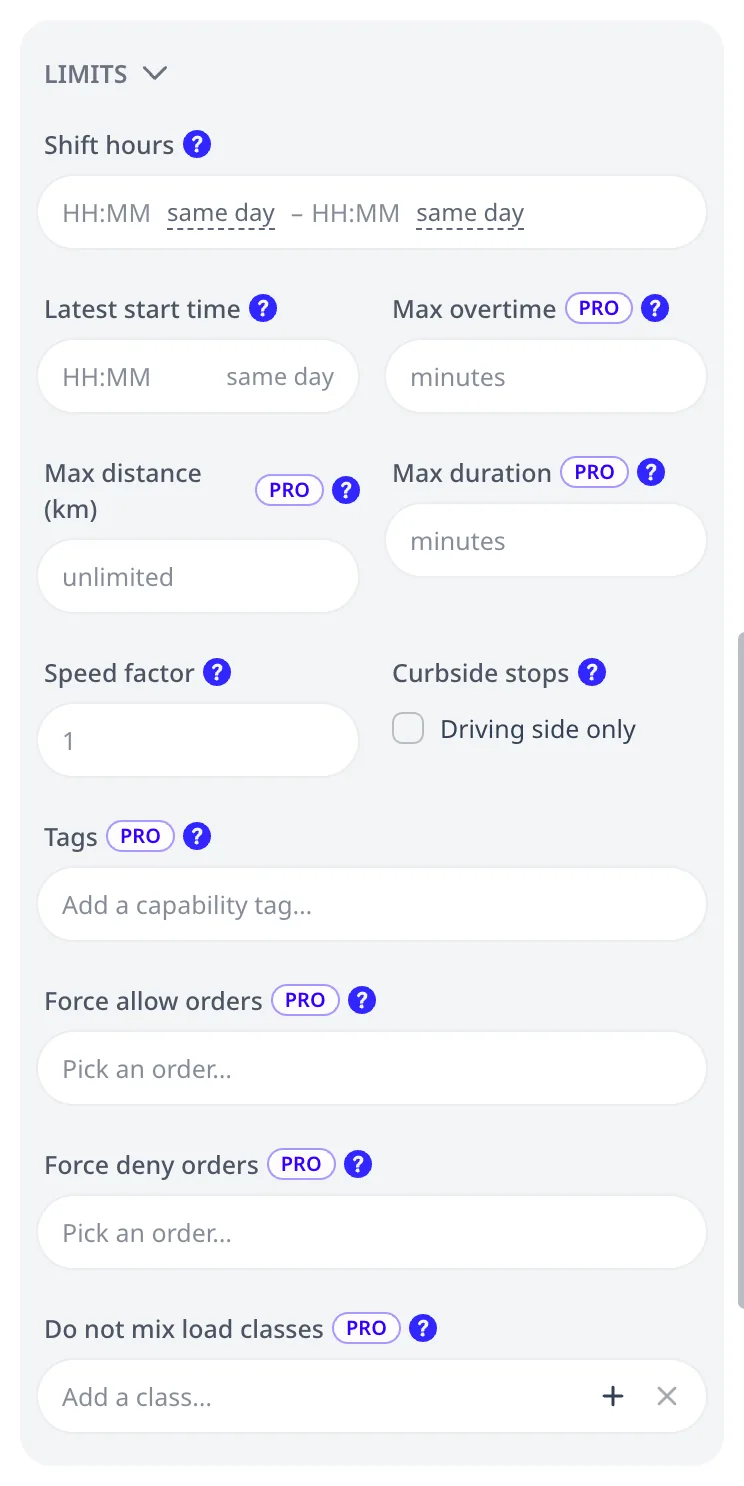 The vehicle editor's LIMITS group: shift hours and latest start time, then max overtime, max distance, max duration, speed factor, curbside stops, tags, force allow orders, force deny orders, and do not mix load classes