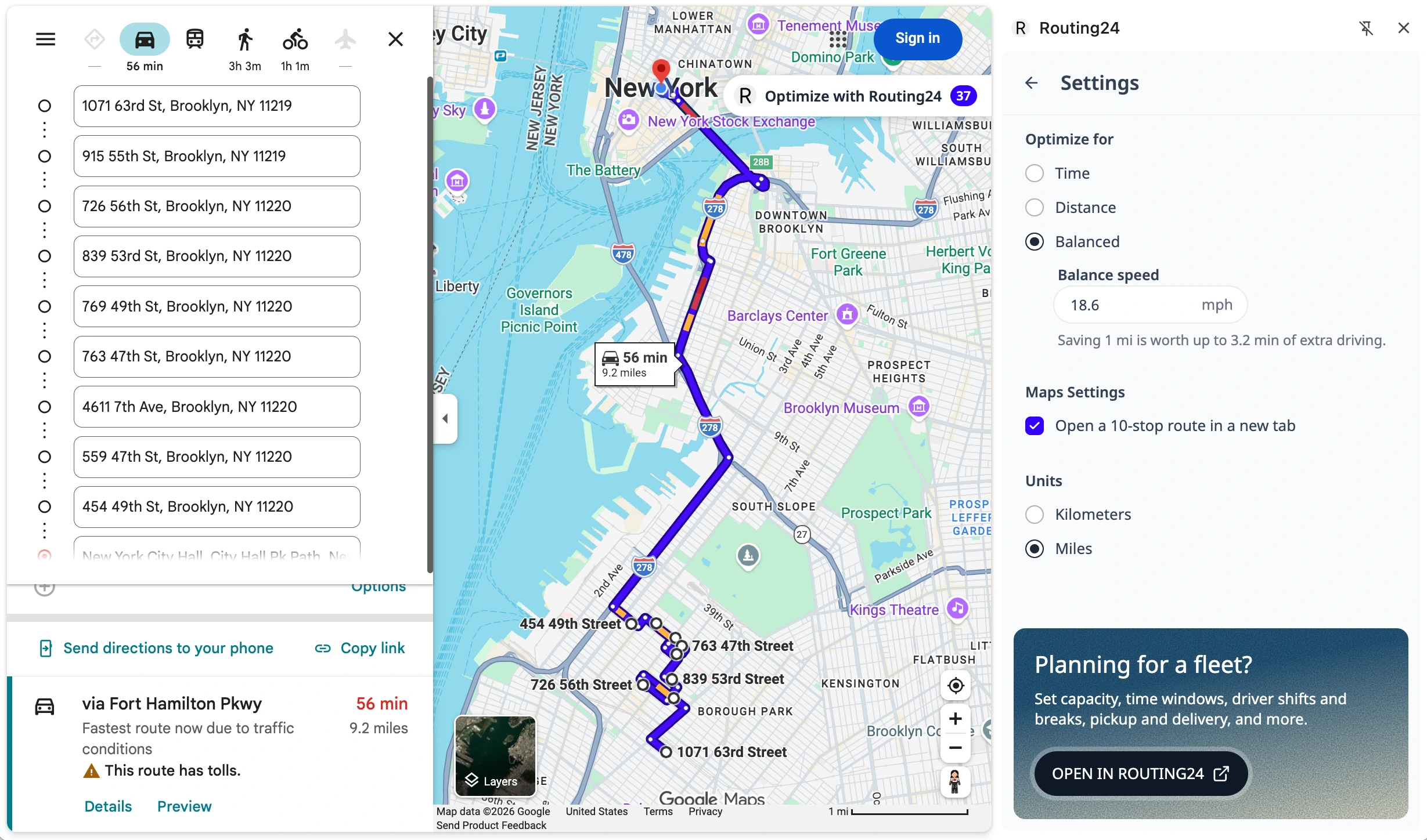 O painel Definições da extensão com Otimizar para definido como Equilibrado, uma velocidade de equilíbrio de 18,6 mph, a opção de novo separador, as unidades e o cartão Abrir no Routing24