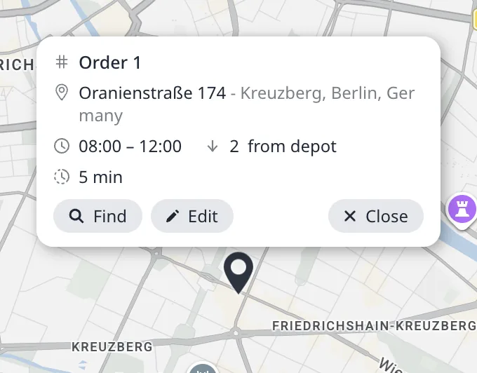 An order's pin card with the Find, Edit, and Close buttons