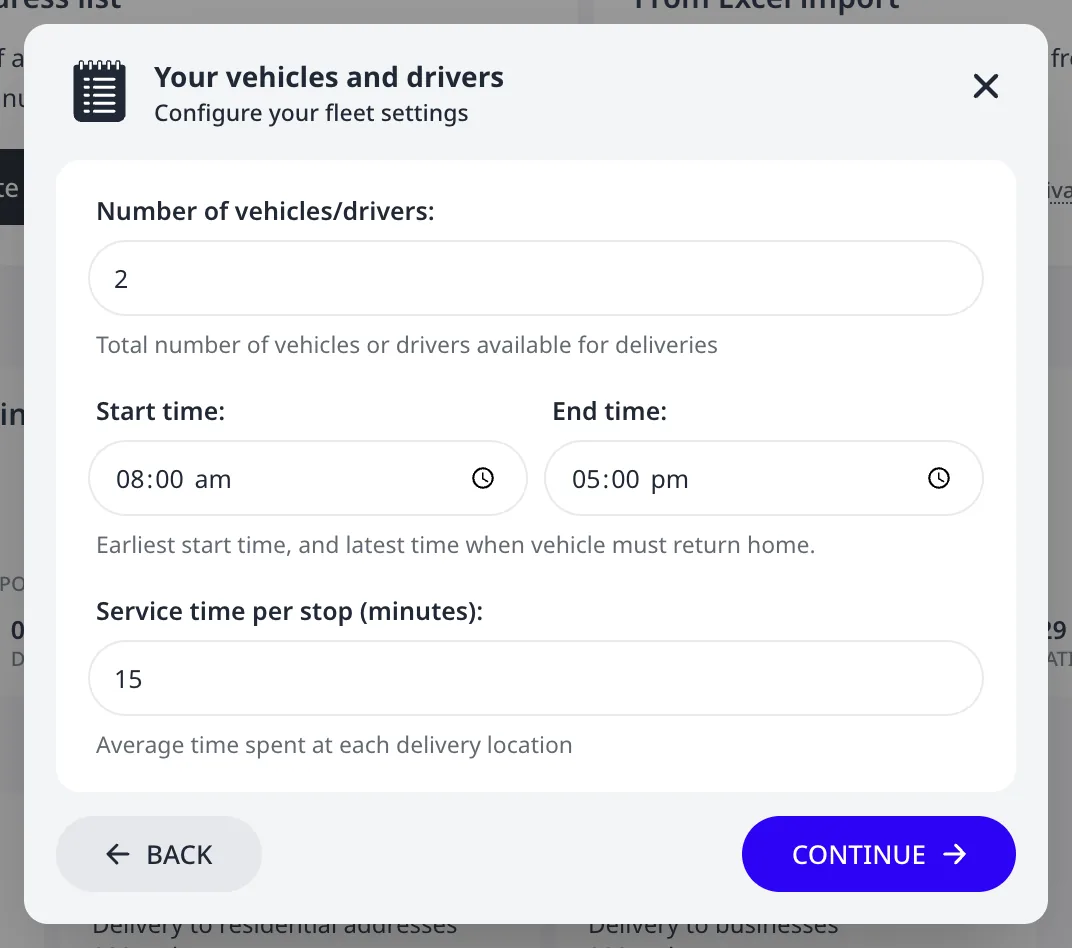The vehicles and drivers step with two vehicles, working hours, and a service time per stop