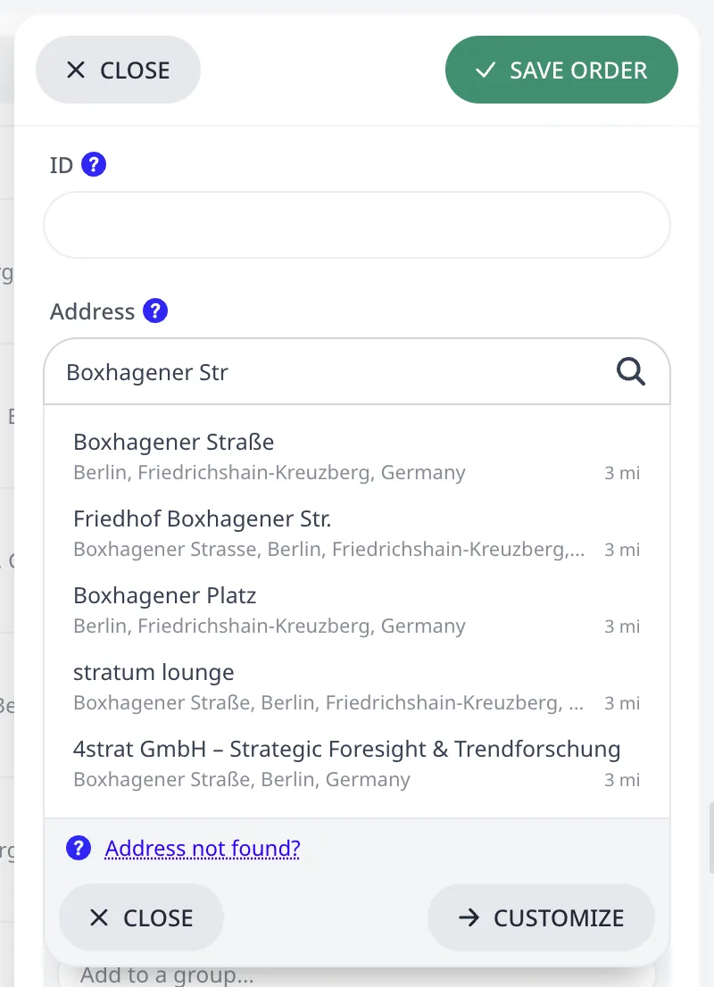 Typing into the Address field: suggestions with distances, the Address not found footer, and the Customize button