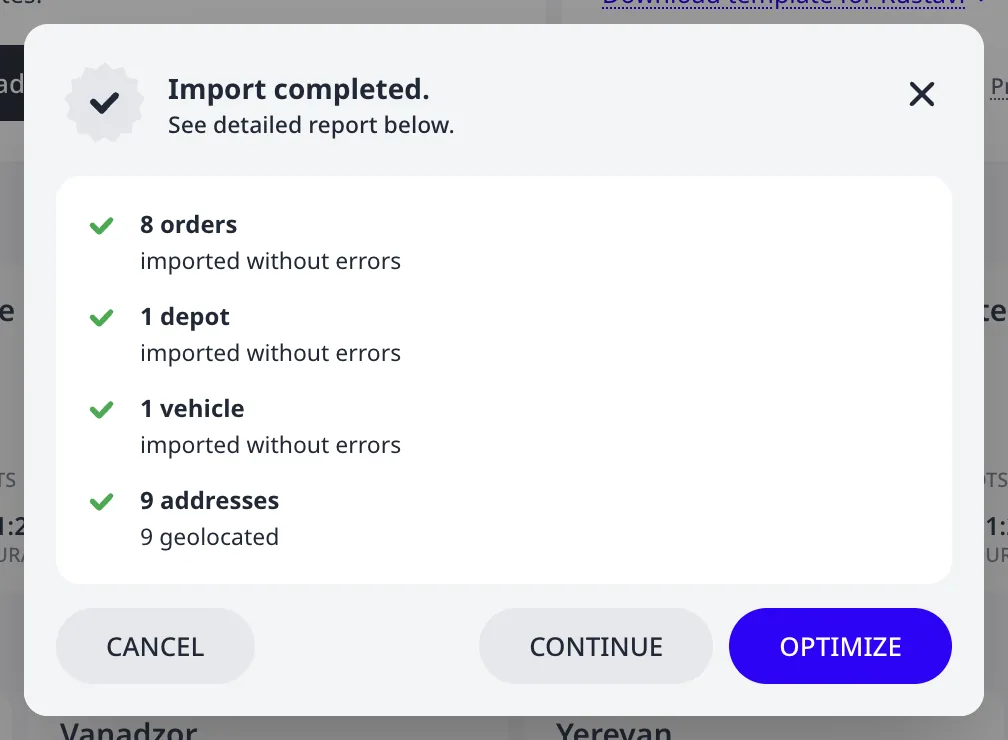 The import review dialog reporting imported orders, depots, vehicles, and geolocated addresses