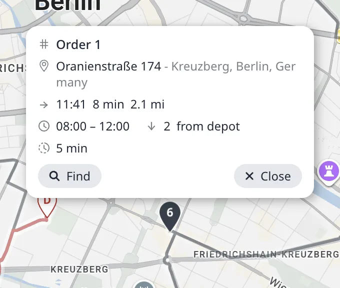A stop's pin card on the Optimize page: ETA, travel leg, service time, and load