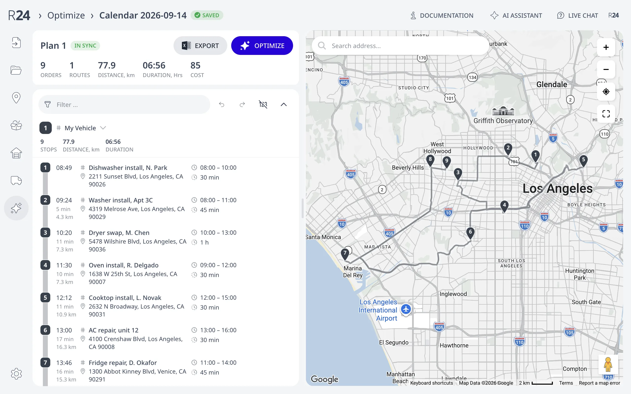 The optimized route built from the imported calendar events: nine stops in Los Angeles, each within its event's time slot