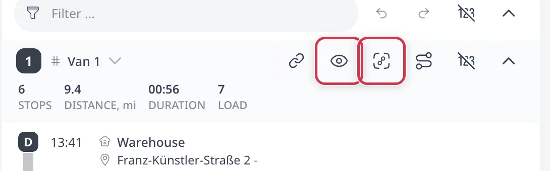 A hovered route card header showing the action tray: share, hide, isolate, route actions, and the statistics toggles