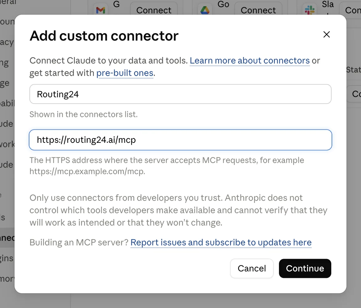 El diálogo Add custom connector con el nombre Routing24 y la URL https://routing24.ai/mcp
