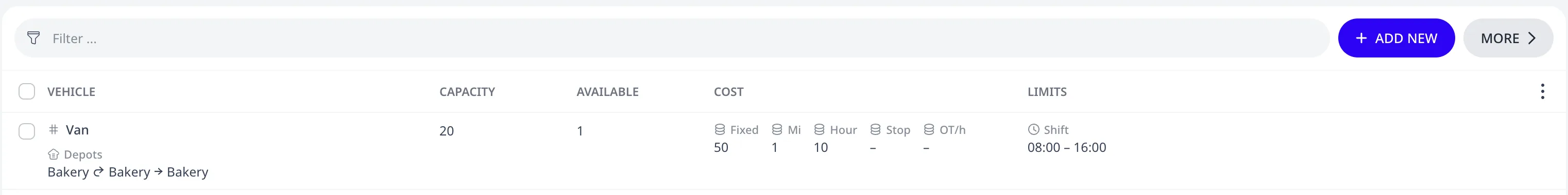 The Fleet page showing one van with its capacity, cost, and shift