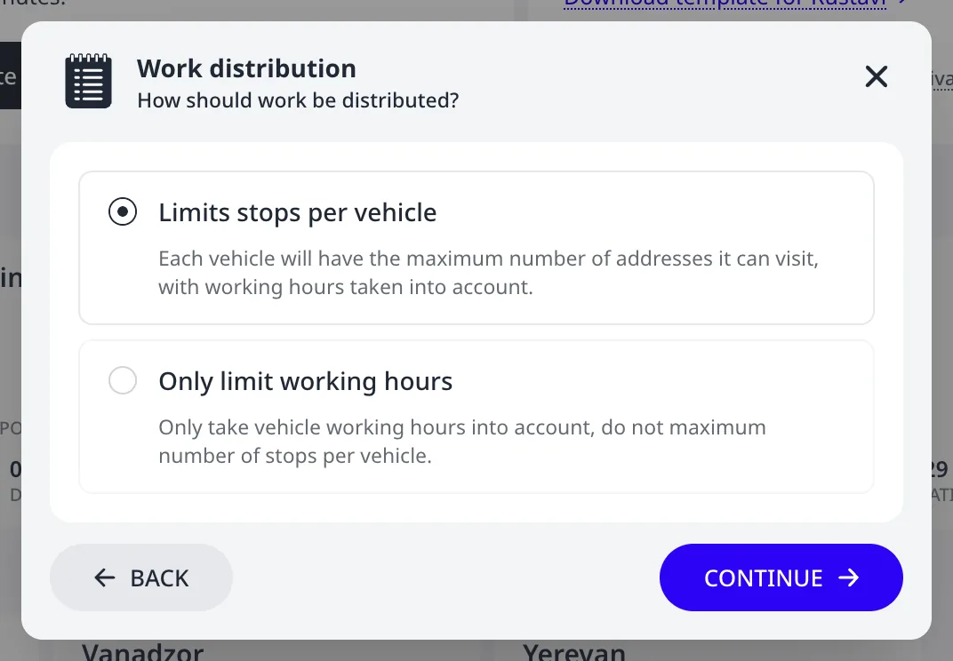 The Work distribution step with Limits stops per vehicle selected