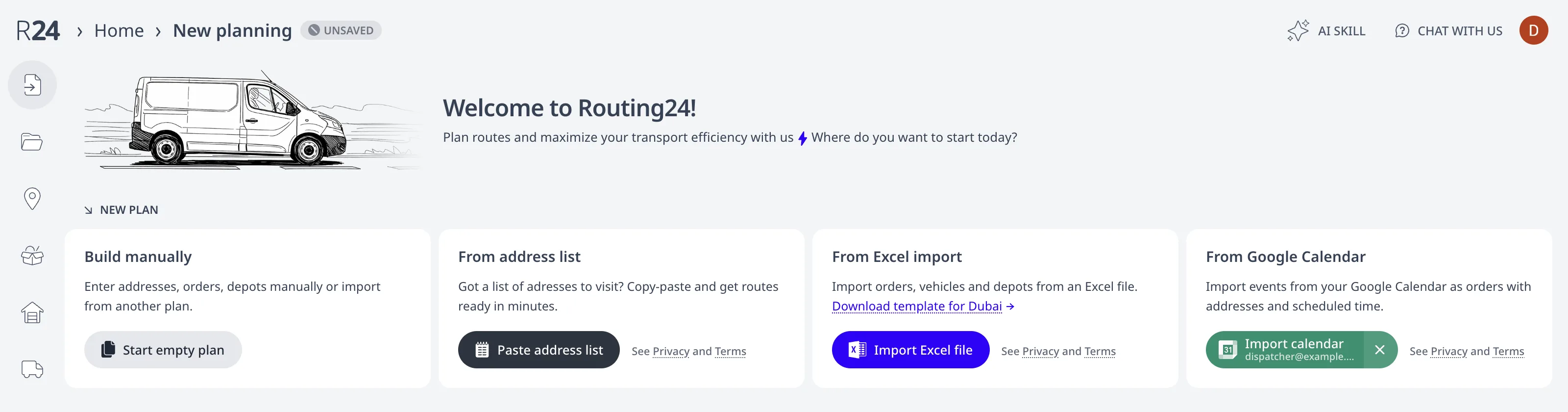 The Routing24 Home page with the four new-plan options: build manually, paste an address list, import an Excel file, and import from Google Calendar