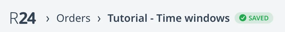 The workspace header: the Routing24 logo, breadcrumbs with the current page name, the editable plan name, and the SAVED badge