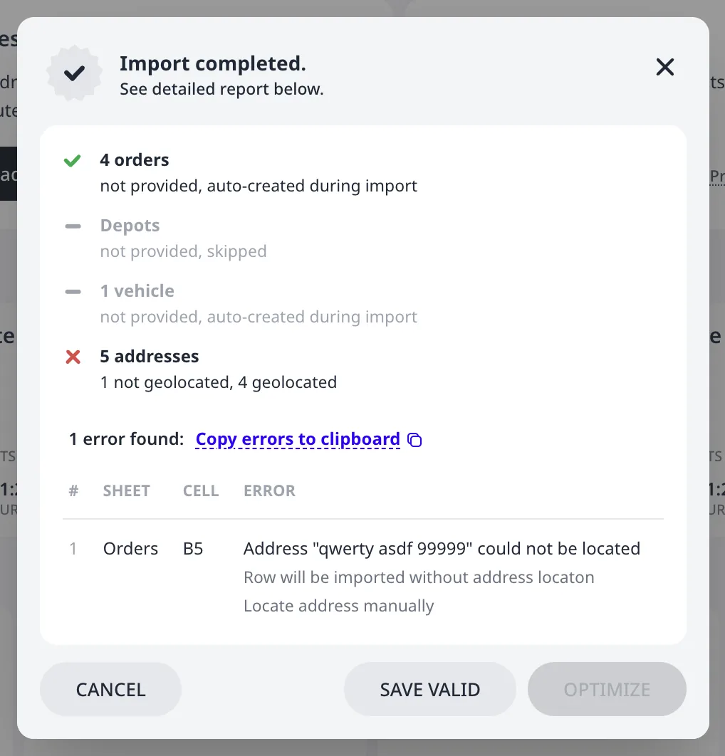 An import review with one error: the table names the sheet and cell, the consequence, and the fix; Save valid imports the rest while Optimize stays disabled