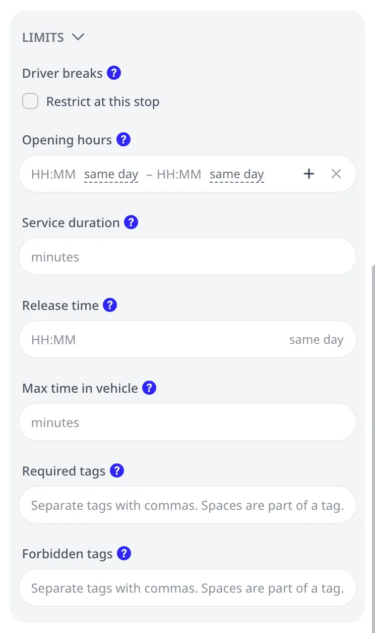 Le groupe LIMITES de l'éditeur de commande : Horaires d'ouverture avec un bouton d'ajout de créneau, Durée de service, Heure de disponibilité et les champs marqués PRO