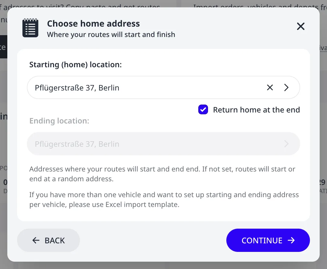 The Choose home address step with a starting location selected and Return home at the end checked