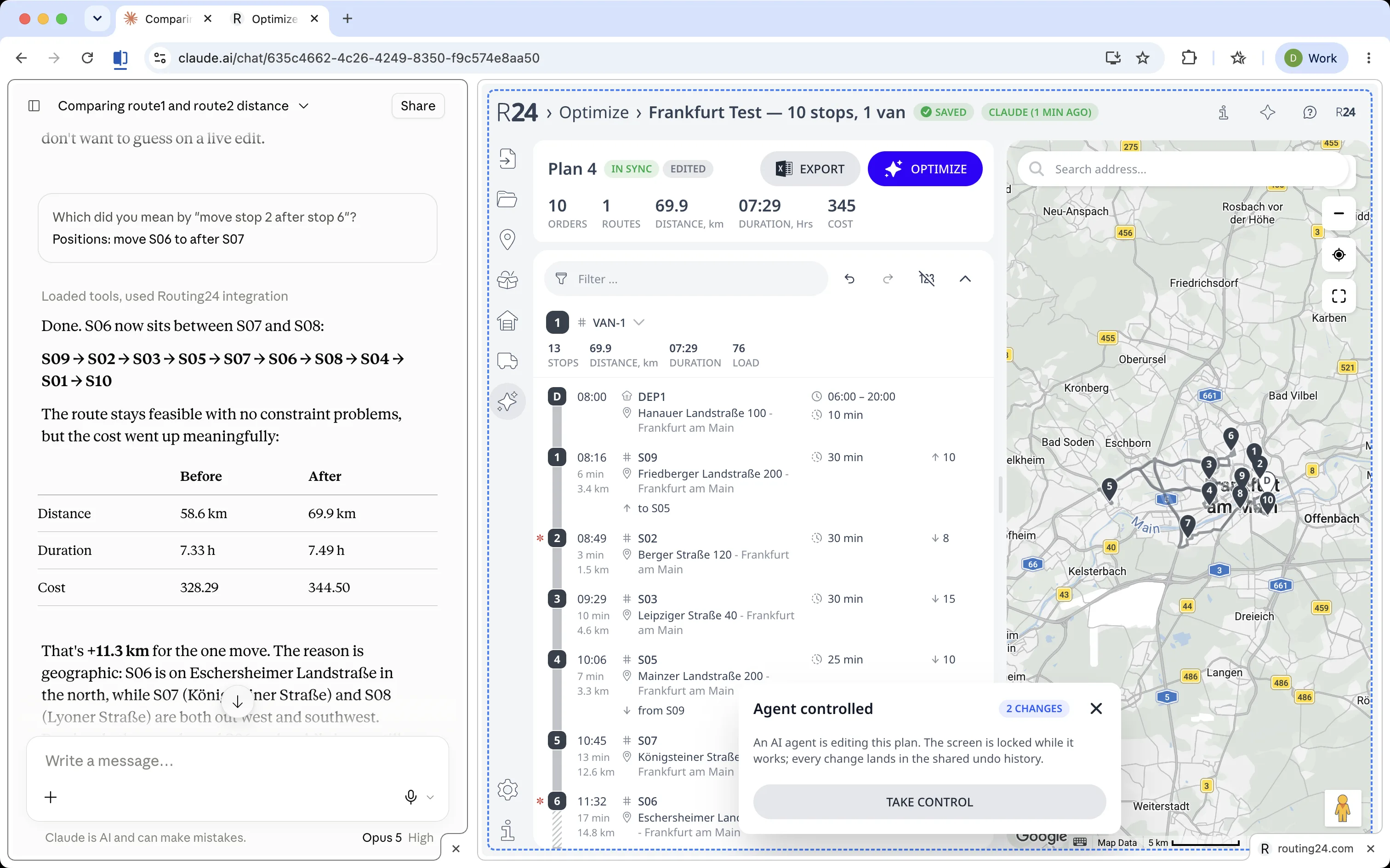 One Chrome window split into two panes: Claude on the left reporting the move it made and what it cost, and Routing24 on the right mid-edit, badged CLAUDE (1 MIN AGO) and locked behind the Agent controlled overlay