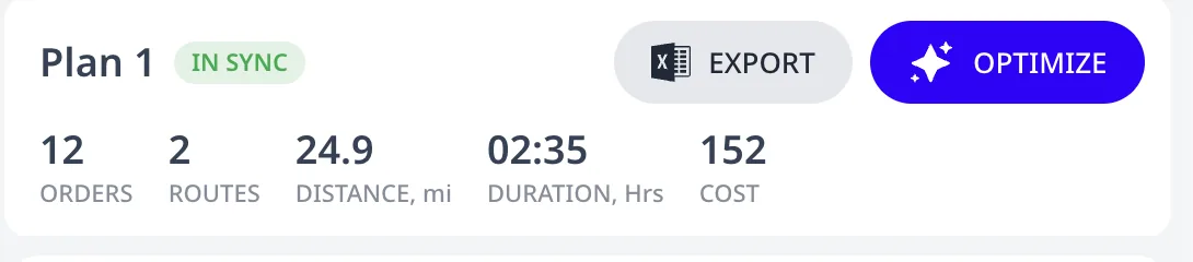 The plan header card: Plan 1 IN SYNC, Export and Optimize buttons, and the metrics strip with orders, routes, distance, duration, and cost