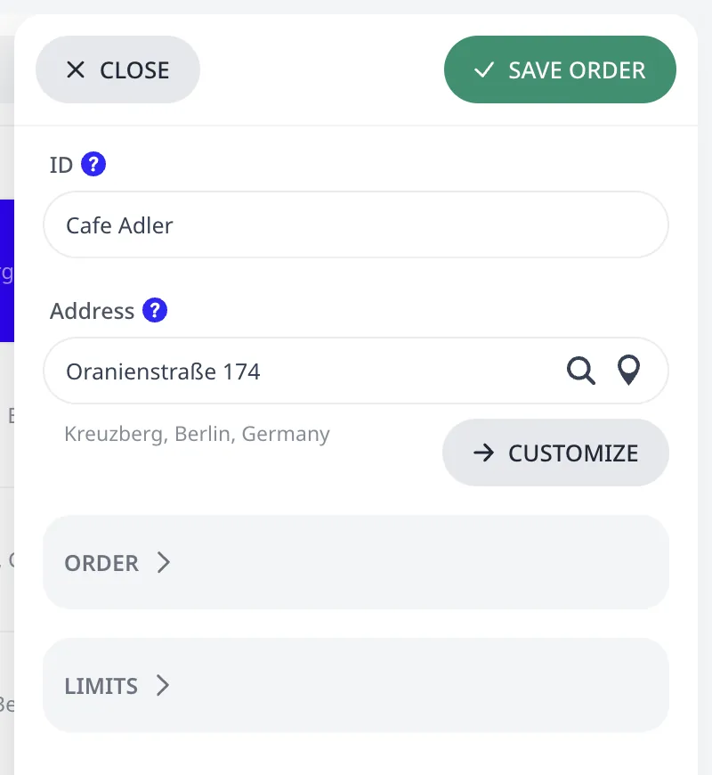 The top of the order editor: ID and Address fields, with the Order and Limits groups collapsed below
