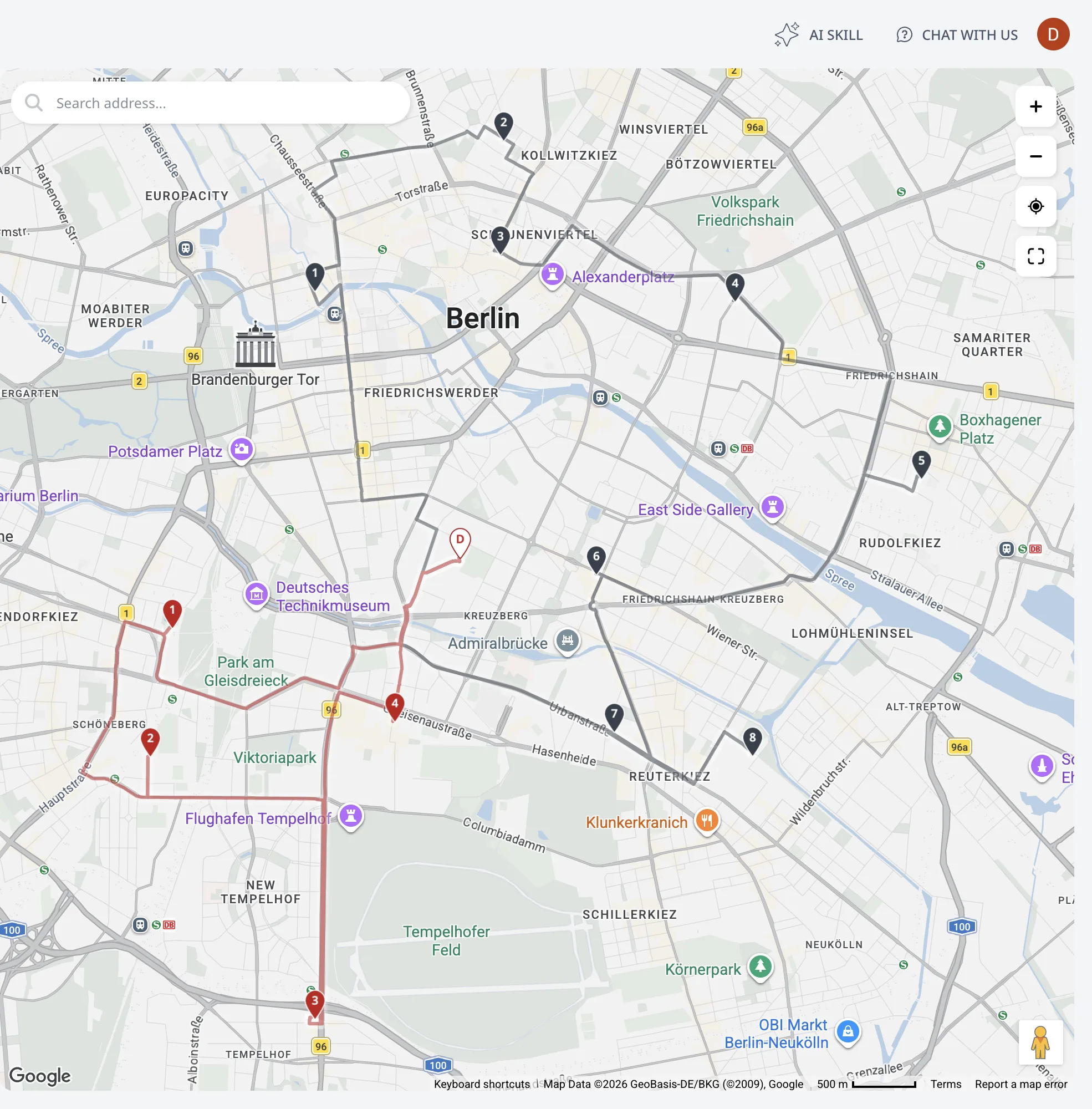 The optimized map: two colored routes with numbered stop pins and the depot's D pin