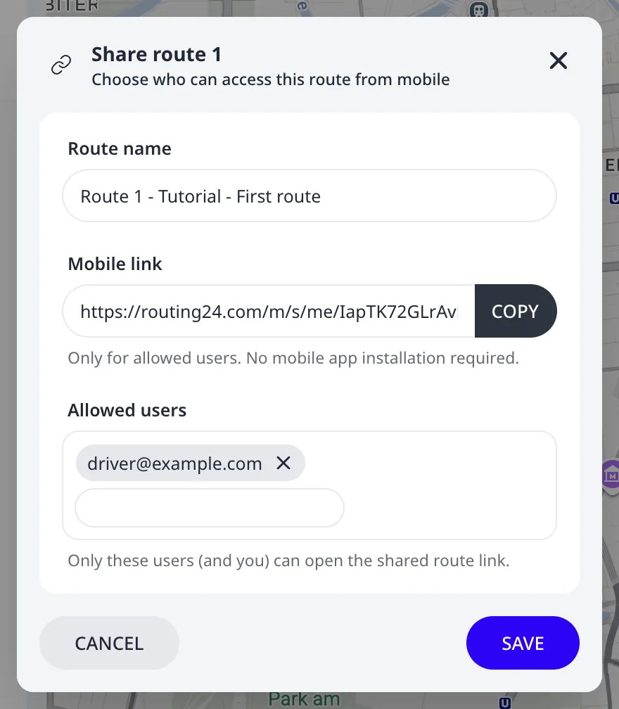 The Share route dialog with the route name, the mobile link with its Copy button, and one allowed-user email pill