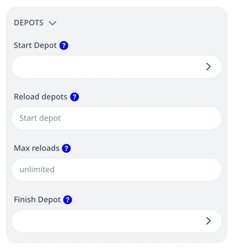 Die Gruppe DEPOTS des Fahrzeug-Editors: Startdepot, Nachladedepots, max. Nachladungen und Enddepot