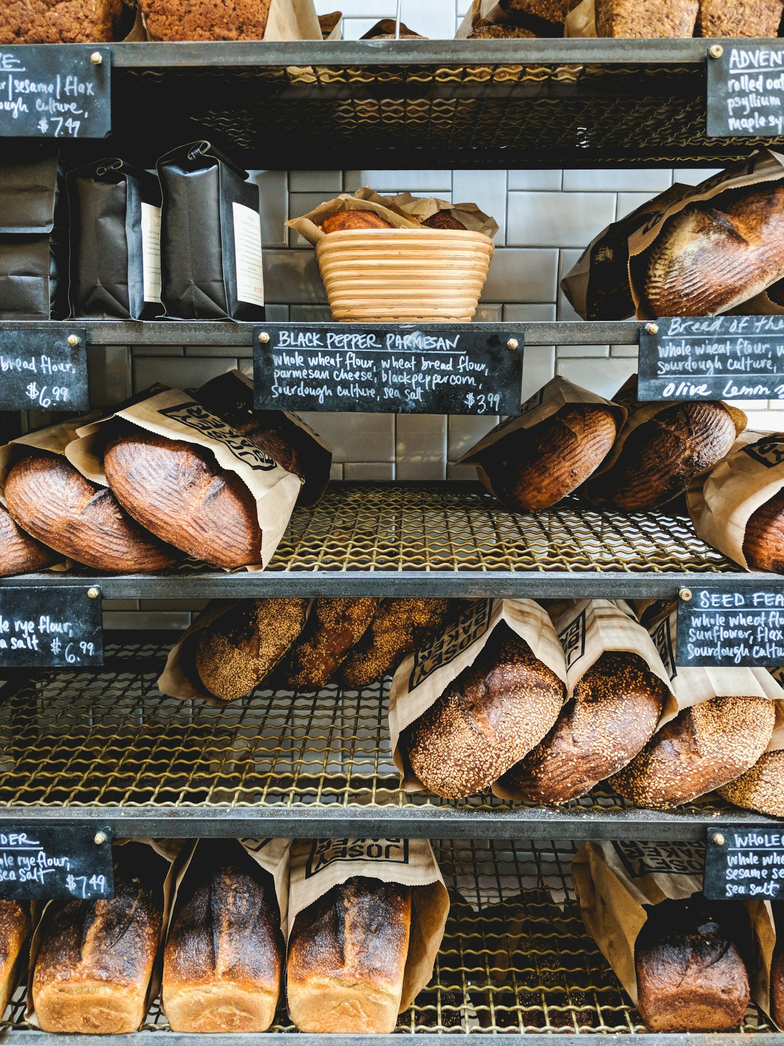 Racks of freshly baked loaves of bread