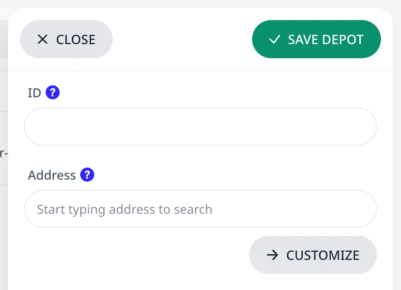 The depot editor's top fields: ID and address search