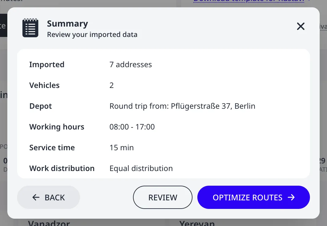 The Summary step recapping imported addresses, vehicles, depot, working hours, service time, and work distribution, with Review and Optimize routes buttons