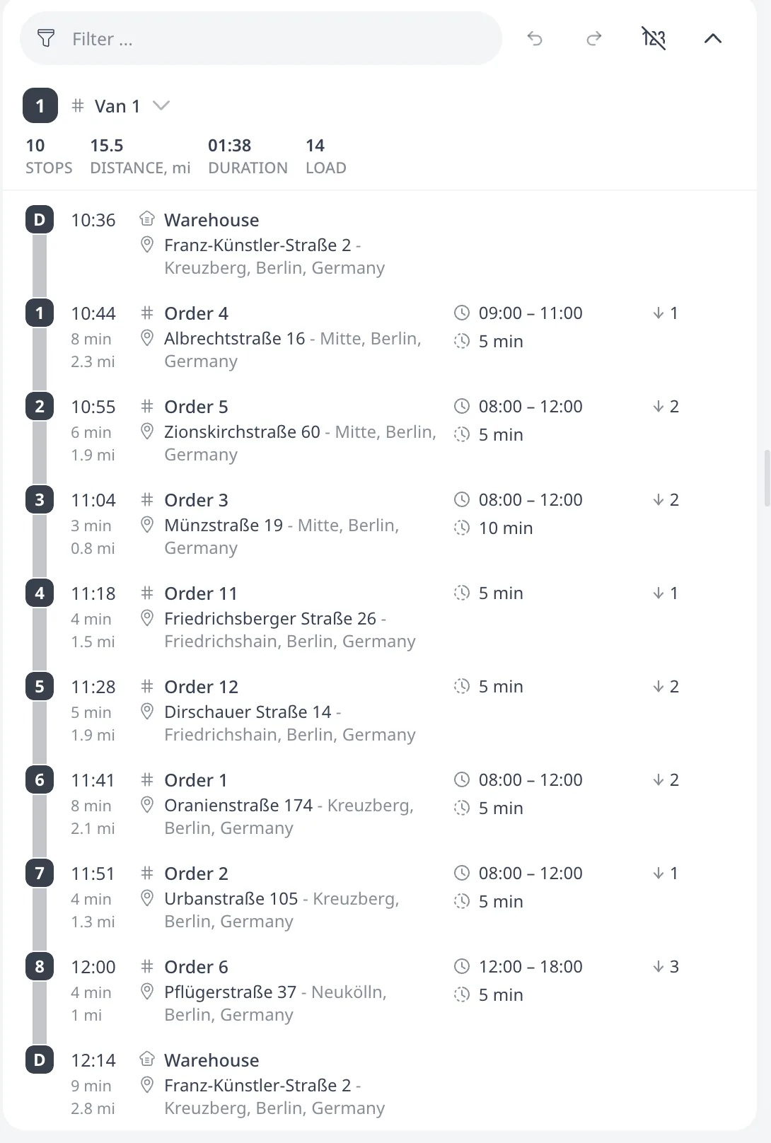 A route card with per-route stats and stop rows showing ETAs, travel legs, time windows, service times, and loads